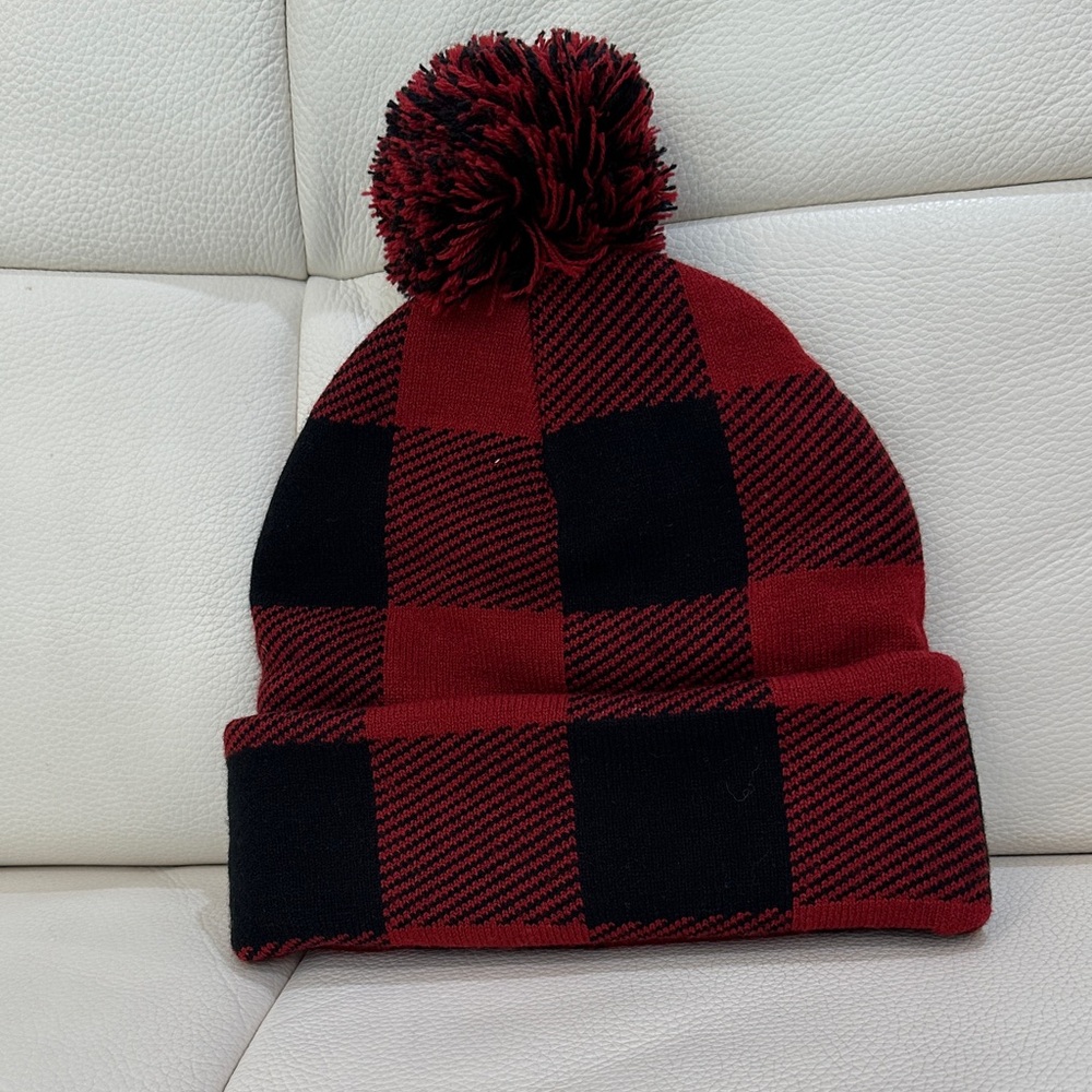 NWOT Red and Black Checkered Beanie with Pom Pom